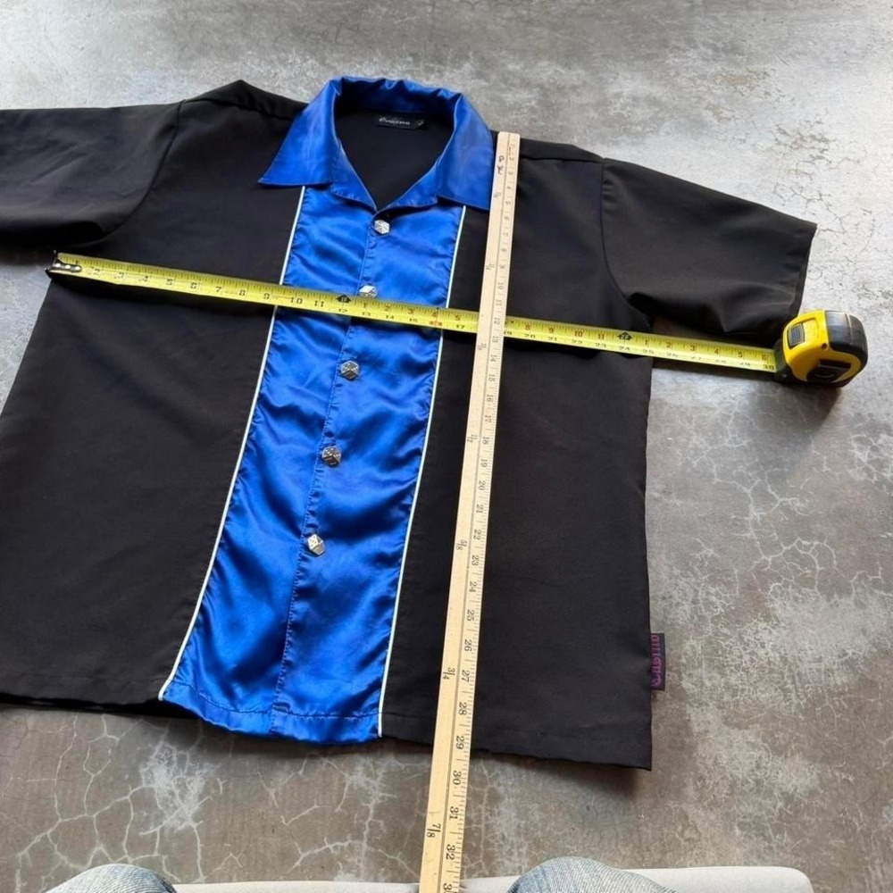 Vintage 90's Satin blue polyester black camo collar button up bowling shirt - Picture 5 of 5